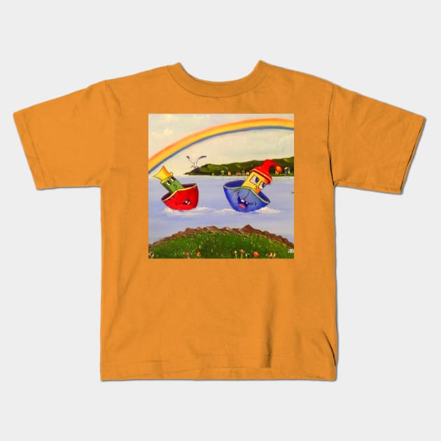 2 Happy Tugboats Kids T-Shirt by Allison Prior Art